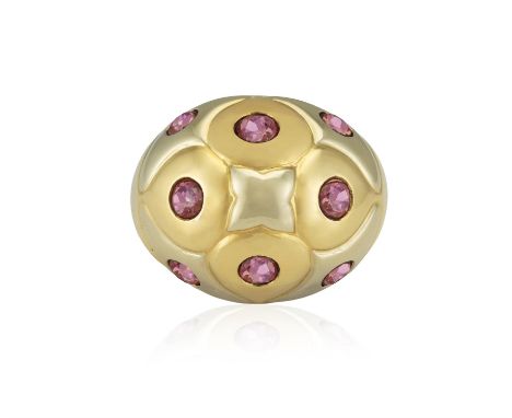 A TOURMALINE 'PYRAMID' RING, BY BULGARIOf bi-colour bombé design, highlighted with circular-cut tourmalines, mounted in 18K y