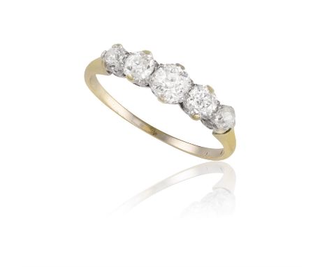 A DIAMOND FIVE-STONE RINGThe five graduating old brilliant-cut diamonds within claw-setting, mounted in gold, diamonds approx