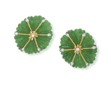 A PAIR OF CHALCEDONY AND DIAMOND EARRRINGSOf stylised flowerhead design, highlighted with diamonds, mounted in 14K gold, leng