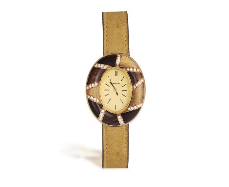 A GOLD, DIAMOND-SET COCKTAIL WATCH, BY ILLARIO FOR FARAONE, CIRCA 1960Of manual wind movement, the oval-shaped cream dial wit