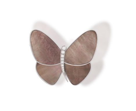 A MOTHER-OF-PEARL AND DIAMOND CLIP BROOCH, BY VAN CLEEF AND ARPELSDesigned as a butterfly with wings of grey mother-of-pearl 