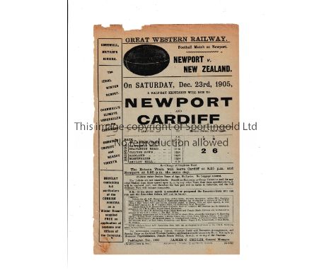RUGBY UNION 1905 NEWPORT V NEW ZEALAND ALL BLACKS    An original railway handbill for the game at Newport on 23/12/1905. Fray