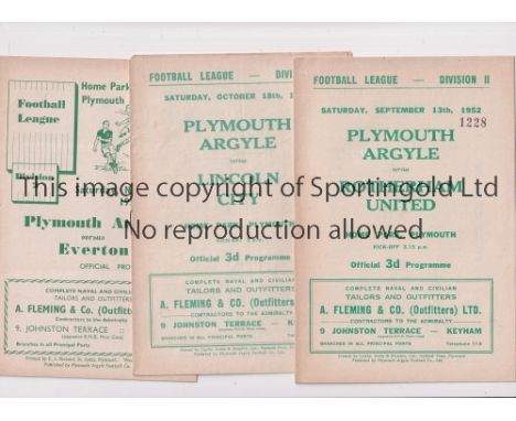 PLYMOUTH ARGYLE     Seven home programme for season 52/3 v Rotherham, Lincoln, Everton, small number on cover, Doncaster, Hud