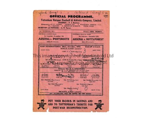 ENGLAND V SCOTLAND AT SPURS 1945      Single sheet programme for the Army International 3/12/1945 at Tottenham Hotspur FC, sl