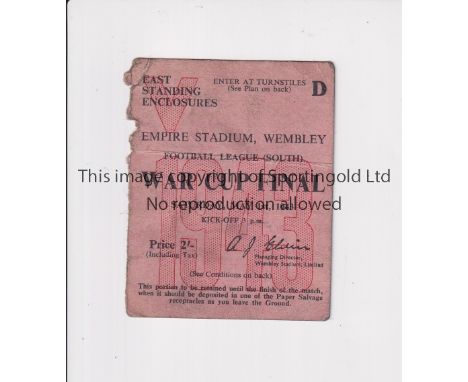 1943 FL SOUTH WAR CUP FINAL / ARSENAL V CHARLTON ATHLETIC     Ticket , slightly creased and slightly worn at the top left.   