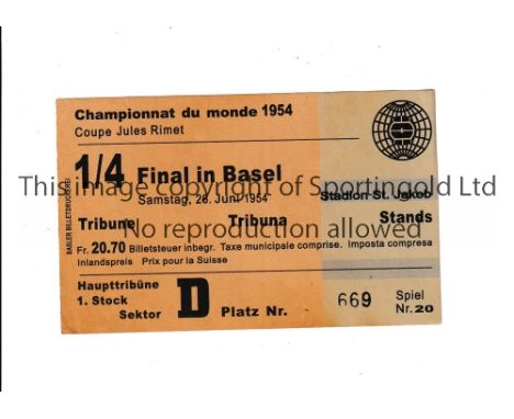 1954 WORLD CUP   Original ticket for the game at Basel on 26/6/54, England v Uruguay, slight stain on the back.   Generally g