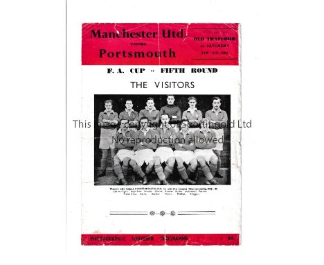 1950 MANCHESTER UNITED V PORTSMOUTH   A pirate programme issued by Walker for the FA Cup tie at Old Trafford on 11/2/50. Fold