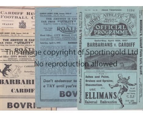 BARBARIANS V CARDIFF / RUGBY     Six programmes for matches in Cardiff 16/4/1927, very slightly creased and team changes, 5/4