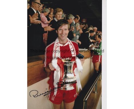 RONNIE WHELAN     Autographed 12 x 8 col photo of the Liverpool captain posing with the FA Cup on the podium at Wembley, foll