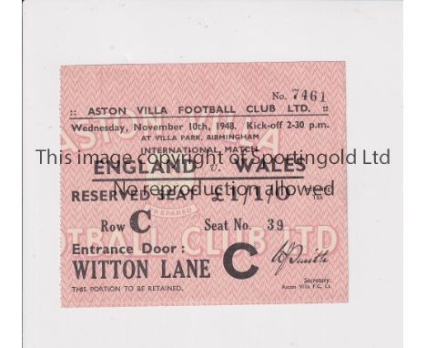 ENGLAND V WALES 1948 AT VILLA      Seat ticket for the International on 10/11/1948.    Generally good