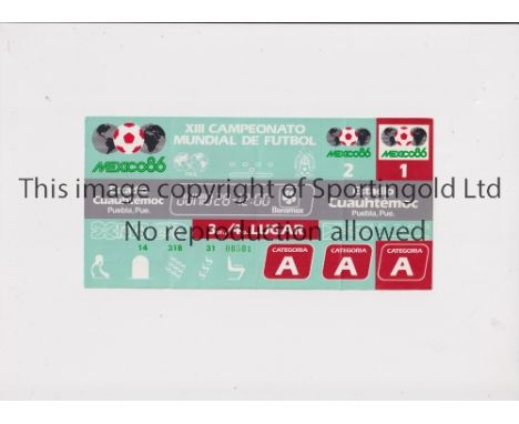 1986 WORLD CUP       Unused ticket for France v Belgium 28/6 at the Cuauhtémoc Stadium, 3/4 Play-Off match. Staple holes on t