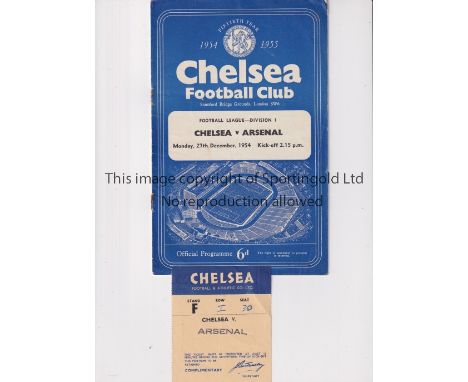 1954 CHELSEA V ARSENAL TICKET    Programme and ticket for the game at Stamford Bridge on 27/12/54.   Generally good