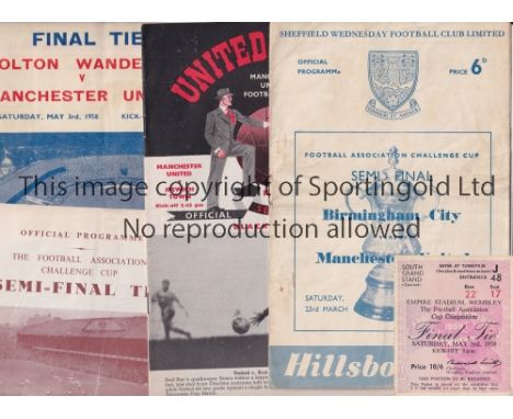 MANCHESTER UNITED      Programmes for 1957 FA Cup S-F v Birmingham, creased and 1958 FA Cup run, home v Ipswich, token missin