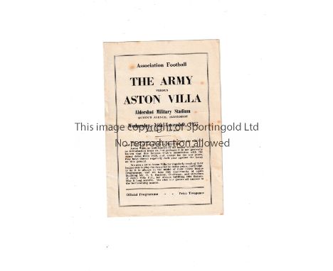 ASTON VILLA     Programme for the away Friendly v The Army 16/11/1955 at Aldershot Military Stadium, horizontal crease and sm