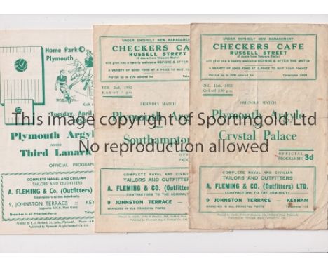 PLYMOUTH ARGYLE      Twelve programmes for home Friendlies v Crystal Palace 50/1, creased and slightly worn, Southampton 51/2