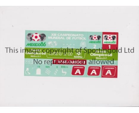1986 WORLD CUP       Unused ticket for Argentina v Bulgaria 10/6 at the 68 Olympic Stadium. Staple holes on the bottom left. 