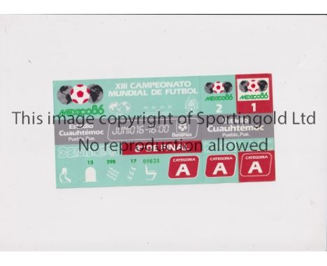 1986 WORLD CUP       Unused ticket for Argentina v Uruguay 16/6 at the Cuauhtémoc Stadium, Round of 16 match. Staple holes on