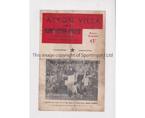 1949 ASTON VILLA V MANCHESTER UNITED   Pirate programme by Walker for the game at Villa Park on 19/2/49, folded and slightly 