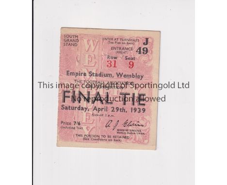 1939 FA CUP FINAL      Seat ticket for Portsmouth v Wolves, very slightly creased.    Generally good