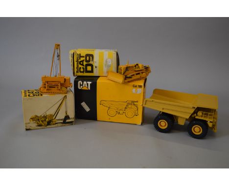 Three Conrad Cat 1:50 scale diecast models: 2725 Off-highway Truck 789; Track-type Tractor D9; Pipelayer 594. G-VG, boxed. (3