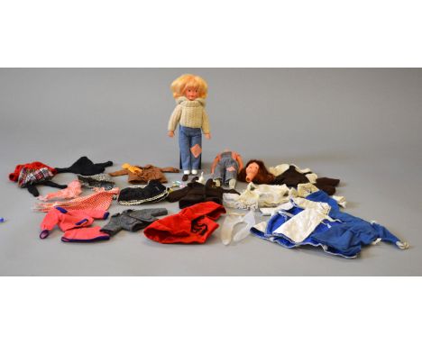 Pedigree Sindy Patch: Patch doll, brunette, head detached; Patch doll, blonde; Dungarees outfit; School Days dress, blazer, b