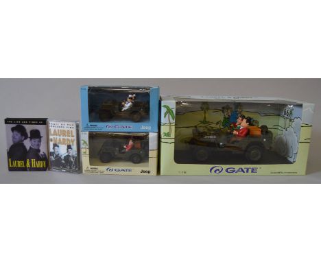 Laurel and Hardy, three G Gate diecast models: 'Another Fine Jeep', 1:18 scale; Jeep Adventures, 1:32 scale; 'Go to Sea' 1:32