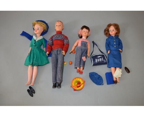 Four unboxed Pedigree dolls with period clothing, 2 x Sindy, Paul and Patch. Overall appear G/G+.