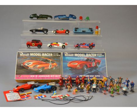 Slot Cars. A small quantity of unboxed slot cars, parts and accessories including two vintage 'Minimodels' tinplate slot car 