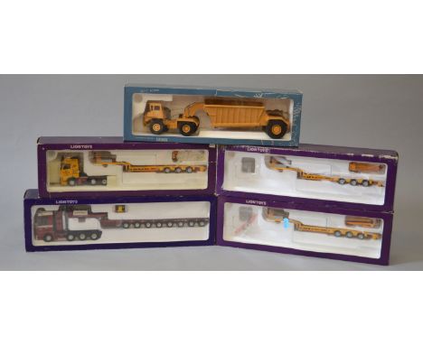 Five Lion Toys 1:50 scale diecast models: four haulage vehicles, two missing cabs; one construction vehicles. VG, boxed. (5)