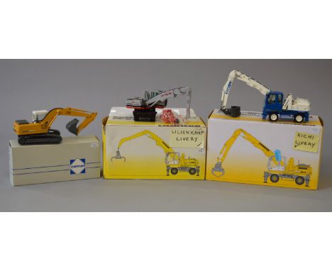 Three Liebherr 1:50 scale diecast models: Conrad 2838/01 Hydraulic Excavator 914 Litronic; NZG 676 Material Handler A316 Litr