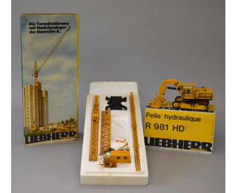 Two Liebherr 1:50 scale diecast models: Gescha Tower Crane, G, paint worn; Sijam Hydraulic Excavator R981 HD, VG. Both boxed.