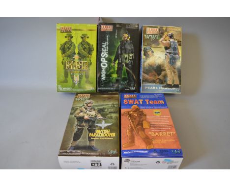 Five Blue Box Elite Force 1:6 scale soldier action figures: Navy Seal 'Owl'; Royal Australian SASR Sean Bannon Sergeant; WWII