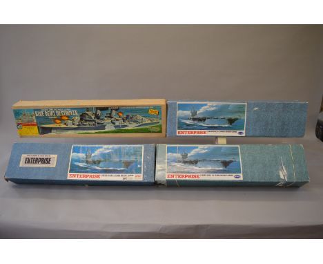 Three boxed 'Hypa' branded kits of the 'U.S. Atomic Aircraft Carrier - Enterprise ' in  1:400 scale together with  a boxed Li
