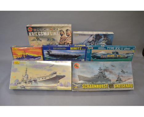 Seven boxed plastic model Ship kits by Airfix, Heller and others in a variety of different scales, Including a Revell kit of 