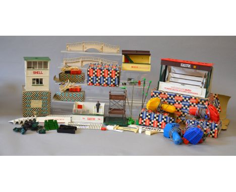 Slot Cars. A good quantity of Scalextric Accessories, track, buildings  etc., some boxed, including two A215 Hand Controllers