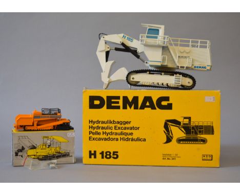 Two NZG Demag 1:50 scale diecast models: 231 Road Finisher; 241 Hydraulic Excavator H185 in white. G-VG, both boxed. (2)