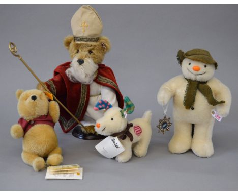 Four Steiff character teddy bears: Winnie the Pooh; The Snowman; The Snowdog; Father Christmas on stand. VG but dusty. (4)