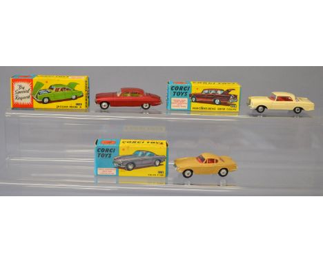 Three boxed Corgi Toys diecast model cars, 228 Volvo P1800 in beige with red interior, 230 Mercedes Benz 220SE Coupe in cream