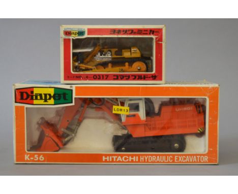 Two Diapet diecast construction models: K-56 Hitachi Hydraulic Excavator UH801; K-12 Komatsu D355A. Both appear VG in G boxes