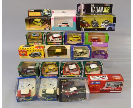 Eighteen boxed diecast models of various different versions of the 'Mini' by Corgi and others, including CC99138 'The Italian