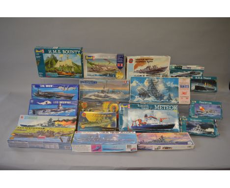 Seventeen boxed plastic model Ship kits by Revell, Monogram, Tamiya  and others in a variety of different scales, including a