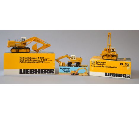 Three Conrad Liebherr 1:50 scale diecast construction models: 2825 Hydraulic Excavator R 984 Litronic; 2807/01 The Pipelayer 