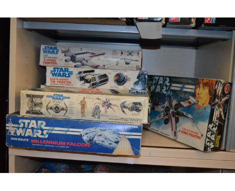 Six vintage Star Wars plastic model kits: Airfix 9 10177 Luke Skywalker X-Wing Fighter, sealed; MPC 1-1925 Han Solo's Millenn