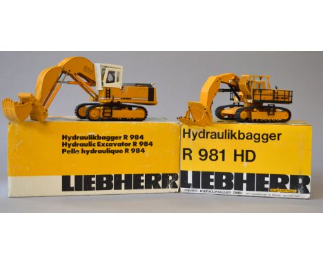 Two Liebherr 1:50 scale diecast models: Conrad 2836/37 Hydraulic Excavator R984; Sijam Hydraulic Excavator R981 HD. Both appe