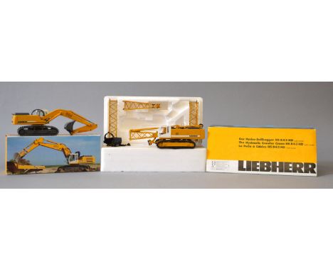 Two Conrad Liebherr 1:50 scale diecast models: 2834/02 Hydraulic Excavator R 954 B Litronic; 2732 Hydraulic Crawler Crane HS 