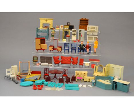 Good quantity of dolls house furniture and accessories, plastic, tinplate and wood. Includes Marx, Spot On and others. F-G. 
