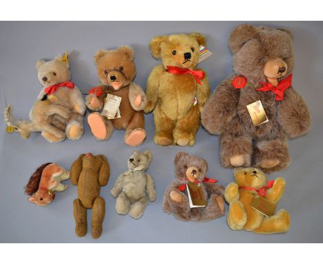 10 x teddy bears and soft toys, mostly Hermann but includes two Steiff, including Rocky Mountain Goat. F-VG.