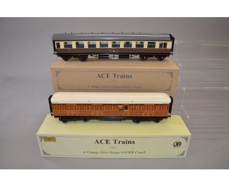 O gauge, two ACE Trains coaches: LNER Teak Brake Coach, printed windows; GWR Buffet Car. VG, boxed.