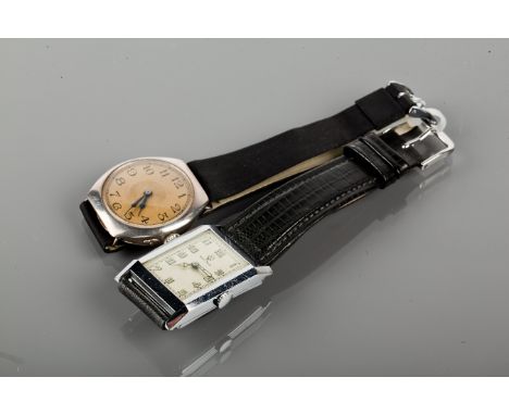 TWO GENTLEMAN'S STAINLESS STEEL WRIST WATCHES
comprising of a rectangular Sigma example in a rectangular case, with Arabic nu