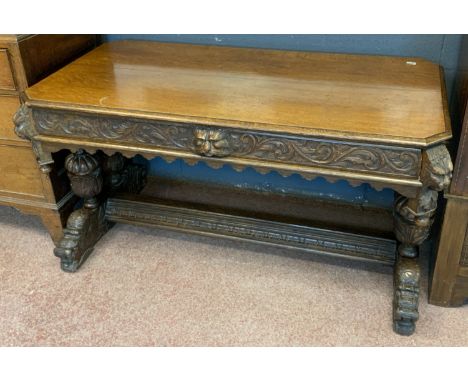 OAK SIDE BUFFET TABLE, CARVED LION HEAD LATE 19TH CENTURY OAK SIDE BUFFET TABLE WITH CARVED LION HEAD FINIALS, SINGLE DRAWER.